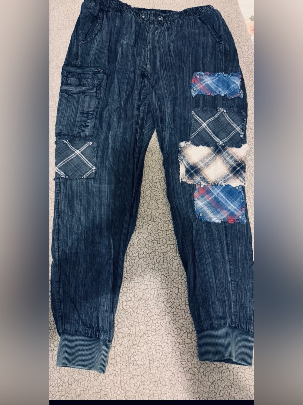 Dark Blue Patchwork Jogger Jeans side zipper